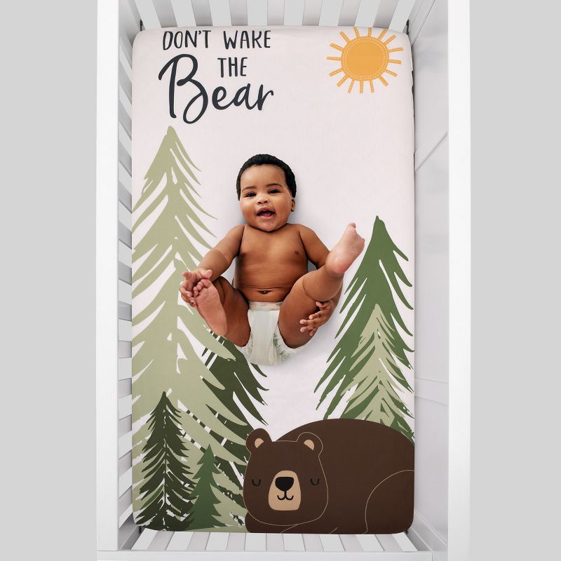 NoJo Into the Wilderness Navy, White, Green and Brown Don’t Wake the Bear 100% Cotton Photo Op Fitted Crib Sheet, 3 of 6