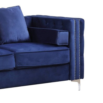 88'' Luxe Blue Velvet Tufted Sofa with Nailhead Trim & Ottoman