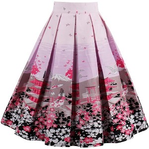 Women's Vintage Floral Midi Skirt - Pleated A-Line Skirt with Pockets Pink-flower - 1 of 4