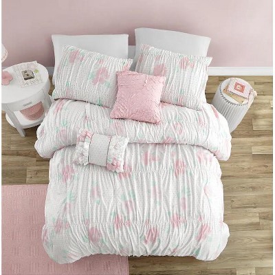 Evo Bytes Smocked Floral Ultra-soft Microfiber Comforter Set with Soft Pillows - Pink - 5 Piece - Full