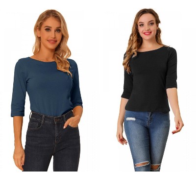 Allegra K Women's Classic Solid Elbow Sleeves Round Neck Slim Fit T-Shirts 2 Packs