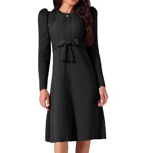 Seta T Women's Puff Long Sleeve Crewneck Tie Waist A-Line Ribbed Knit Midi Sweater Dress - 1 of 4