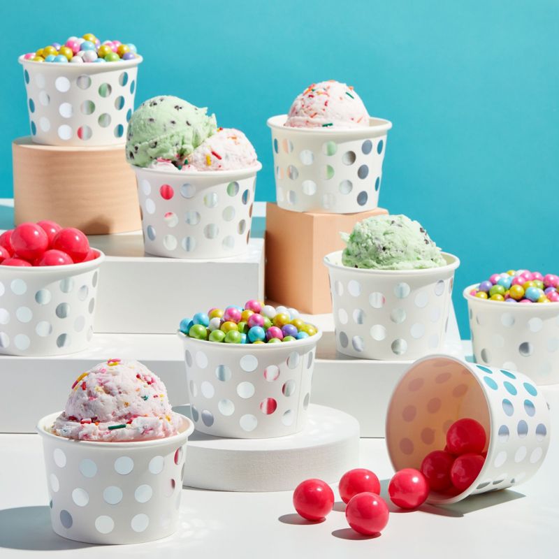 Juvale 50 Pack Paper Ice Cream Cups for Frozen Yogurt, Disposable Dessert Bowls with Silver Foil Polka Dots, 8 oz, 2 of 10