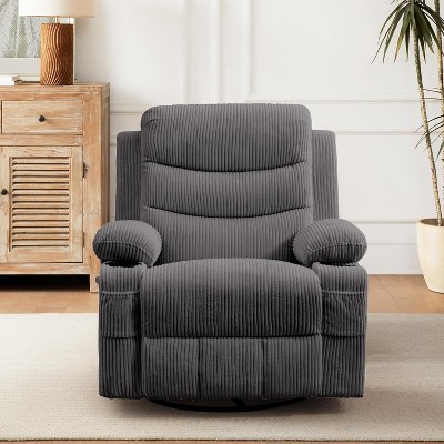 360 Swivel Rocker Chair Small Rocking Recliner, Upholstered Fabric Glider Nursery Chair with Side Pockets with Cup Holder, Massage and Heat Recliner