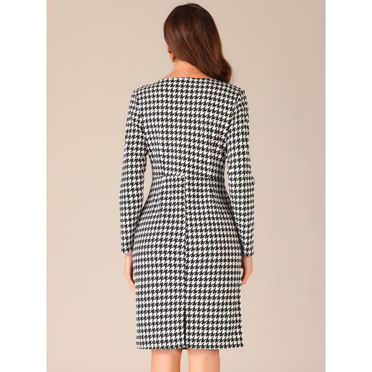 Женские платья INSPIRE CHIC Women's Houndstooth Plaid Round Neck Long Sleeve Bodycon Sheath Dress X-Small Black — фото 3