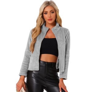 INSPIRE CHIC Women's Stand Collar Zip Up Long Sleeve Faux Fur Cropped Jacket - 1 of 4