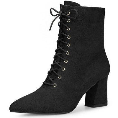 Perphy Women's Pointy Toe Lace Up Block Heel Ankle Boots