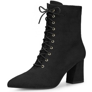 Perphy Women's Pointy Toe Lace Up Block Heel Ankle Boots - 1 of 4