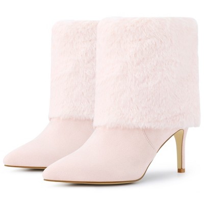 BLISSFUL STEP Women's Faux Fur Stiletto Heel Pointed Toe Ankle Boots