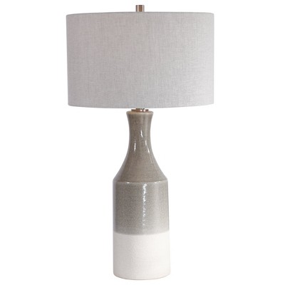 Uttermost Savin Ceramic Table Lamp – 31” Glossy Warm Gray and Textured Ivory Base with Gray Linen Shade