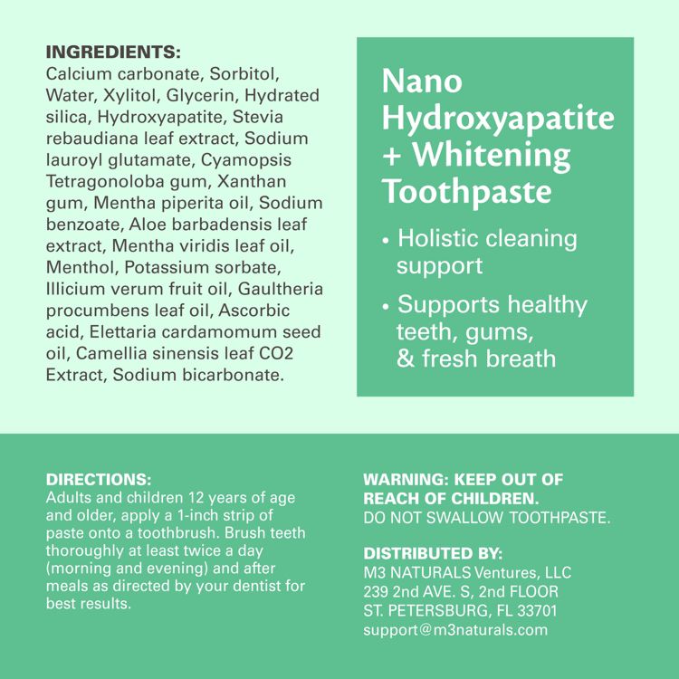 Nano Hydroxyapatite Flouride-Free Whitening Toothpaste + Calcium, Non-GMO, Vegan, Paraben Free, Mint Toothpaste, M3, 4.23 oz, 6 of 6