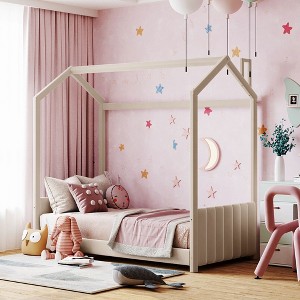 YOOCOZZ Kids' Velvet Upholstered House Bed with Roof and Striped Headboard - Beige - 1 of 4