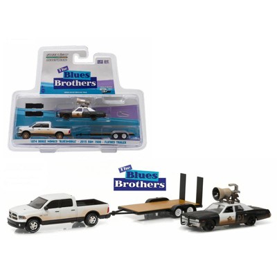 2015 RAM 1500 Pickup &1974 Dodge Monaco Bluesmobile on Flatbed Trailer "Blues Brothers" 1/64 Diecast Model Greenlight