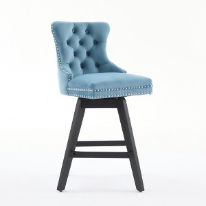 Gulches Light Blue Velvet Button Tufted Swivel Barstool Set of 2 Chrome Nailhead Rubber Wood Legs 360 Degree Curved Back 300 lb Counter Height - 1 of 4