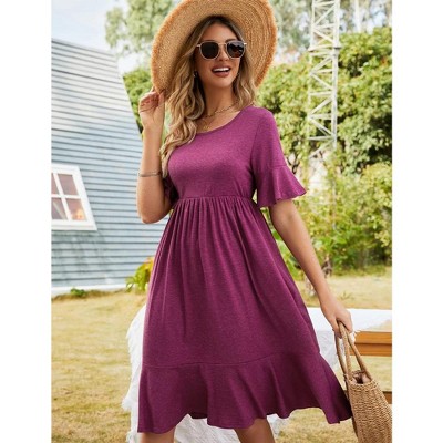 Женские платья KOJOOIN Dress Ruffled Sleeve High Waist A Line Dress Round Neck Fit and Flare Dress Flowy Dress with Flounce Hem,Wine - M — фото 3