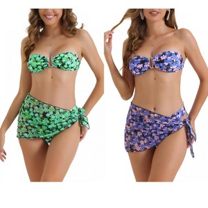 INSPIRE CHIC Women's Floral Print Bandeau Tie Back Swimwear Triangle Bottoms Bathing Bikini Suits 3 Pieces 2 Sets - 1 of 4