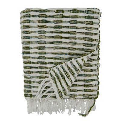 Green and White Woven Cotton Acrylic Throw Blanket
