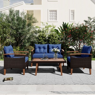 Sapphtopaz Outdoor Patio Furniture Set Wicker Loveseat Sectional Chairs with Acacia Wood Legs and Rectangle Coffee Table for Outdoor, Terrace