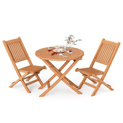 Tangkula Set of 3 Outdoor Indonesia Teak Wood Bistro Dining Set Folding Chair & Table Slatted  Patio
