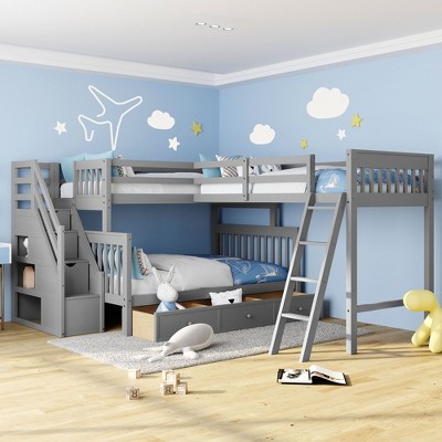 PAGED Simple Wooden Loft Bed Bunk Bed with Desk, Twin Size Bed Frame with Wardrobe, Shelves, Storage Stairs and Guardrail for Bedroom
