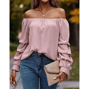 Women's Off Shoulder Top Ruffle Long Sleeve Chiffon Blouse Casual Loose Shirts - 1 of 4