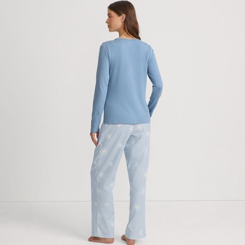 Lands End Women s Pajama Set Knit Long Sleeve T shirt And Flannel Pants X small Slate Blue Snowflake Stripes Target