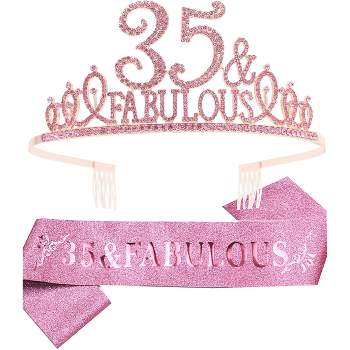 EBE EmmasbyEmma 35th Birthday Sash and Tiara for Women - Fabulous Glitter Sash + Fabulous Rhinestone Pink Premium Metal Tiara for Her