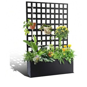 Black Metal Raised Garden Bed with Trellis & Wheels - Tall planter for climbing plants & vegetables. Creates privacy for patio. - 1 of 4