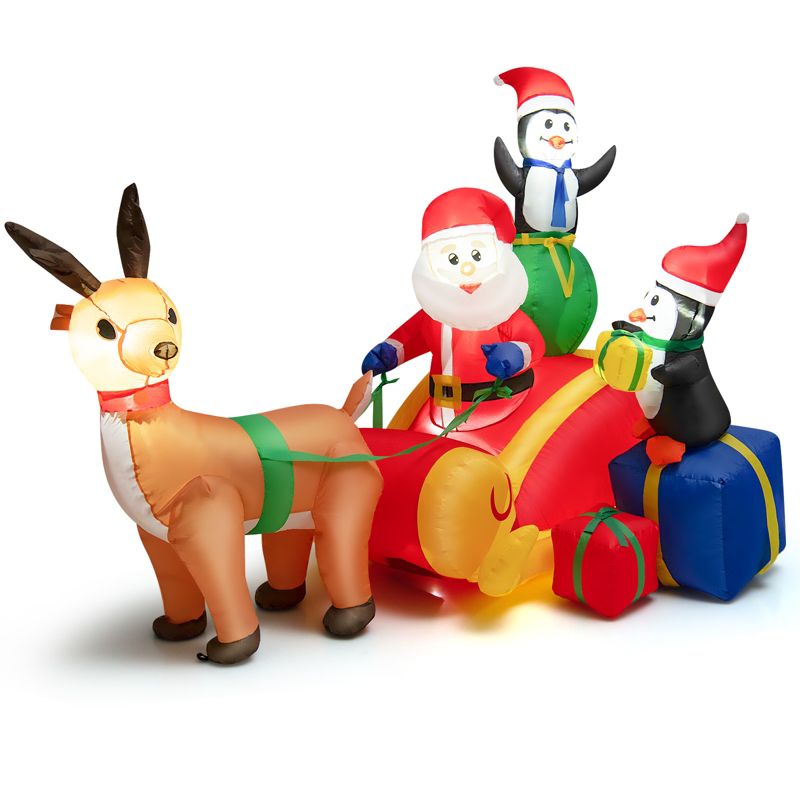 Tangkula 6FT Long Christmas Inflatable Santa Claus & Penguin on Sleigh Blow Up Reindeer Pulling Sleigh Lighted Inflatable Santa Claus Carrying Gifts, 1 of 11