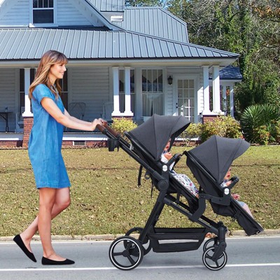 Double Track Tandem Stroller, Foldable Bassinet Pram for Infant and Toddler