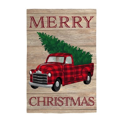 Evergreen Holiday Plaid Truck House Linen Flag