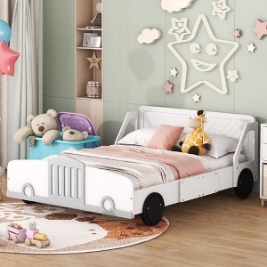 NicBex Twin/Full Size Car-Shaped Platform Bed Frame with Wheels for Boys,Solid Wood Slats Support,No Box Spring Needed,Easy Assembly,Blue/Gray/White - 1 of 4