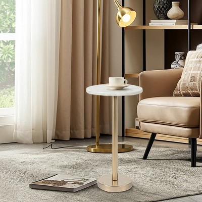 Elegant End Table, Side Table, or Small Night Stand for Room Decor - Bold Hammered Metal Bedside Table with Polished Marble Top for Small Spaces