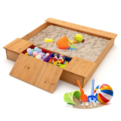 Safstar Kids Wooden Sandbox w/ Bench Seats & Storage Boxes  Children Outdoor Playset
