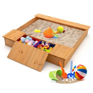 Safstar Kids Wooden Sandbox w/ Bench Seats & Storage Boxes  Children Outdoor Playset - 1 of 4