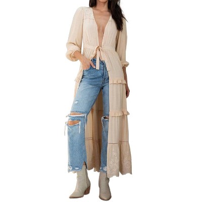 Women's Retro Boho Embroidered Ruffled Maxi Duster Robe - LOVESTITCH