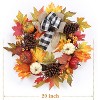 Acekool 20" Autumn Wreath for Front Door, Artificial Fall Harvest Wreath with Pumpkins, Pine Cones, Maple Leaves & Plaid Bow, Thanksgiving Wall Décor - 2 of 4