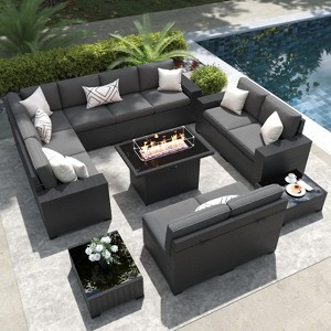 LayinSun 13 Pieces Outdoor Patio Furniture Set with 44" Fire Pit Table Rattan Sectional Sofa Conversation Sets - 1 of 4