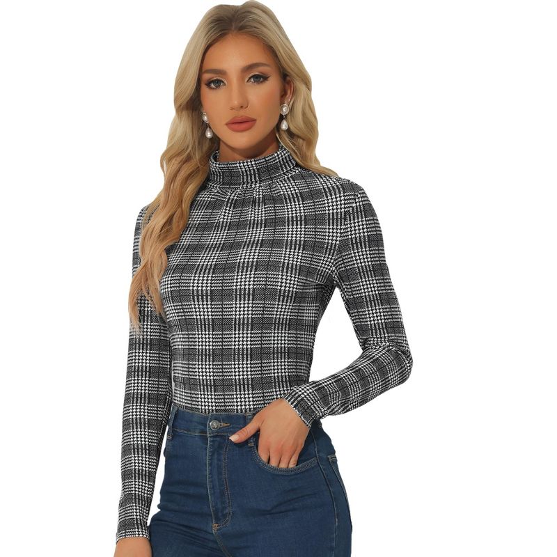 Allegra K Women's Long Sleeve Pleated Front Turtleneck Stretch Slim Plaid Blouse, 1 of 7