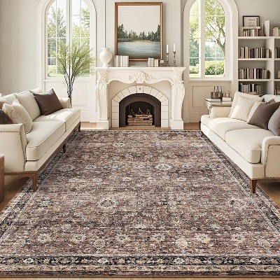 Washable Area Rug, Vintage Distressed Oriental Carpet, Soft Low Pile Non-Slip Non-Shedding Throw Rug for Living Room, Dining Room, Office