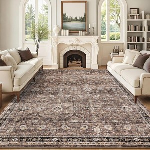 9x12 Rust Large Washable Area Rug, Vintage Oriental Floral Carpet, Ultra-Thin Soft Low Pile Non-Slip Non-Shedding Floor Cover for Bedroom, Office - 1 of 4