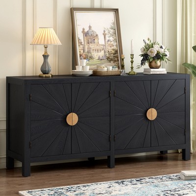 59.8"W Elegant Sideboard with Radiating Line Pattern Doors, 4-Door Ash Veneer Cabinet with Adjustable Shelves 4B - ModernLuxe
