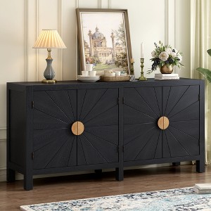 59.8"W Elegant Sideboard with Radiating Line Pattern Doors, 4-Door Ash Veneer Cabinet with Adjustable Shelves 4B - ModernLuxe - 1 of 4