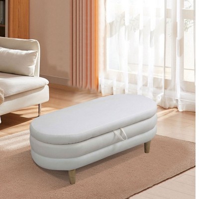 DOMETOUR White Living Room Storage Ottoman - Modern Upholstered Footstool with Hidden Compartment