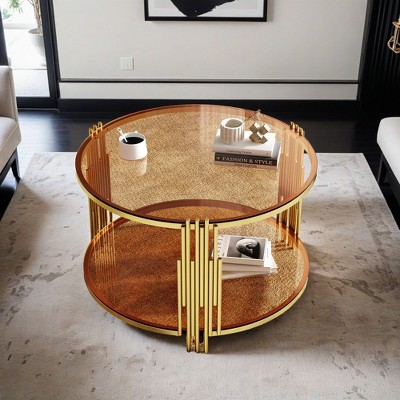 Modern Mirror Coffee Table, Asymmetrical Metal, Circular Metal Drum Base, Gold Finish & Lower Shelf - Leovsnove