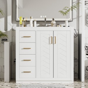 Okak Modern Freestanding Bathroom Vanity with Ceramic Sink Combo,Solid Wood Bathroom Storage Cabinet with 4 Drawers & 2 Doors - 1 of 4