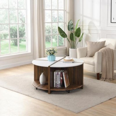 Modern MDF Round Coffee Table,4 Piece of tabletop Industrial Small Space Coffee Table,2-Tier Living Room Table with Storage Shelf-Coolbibila