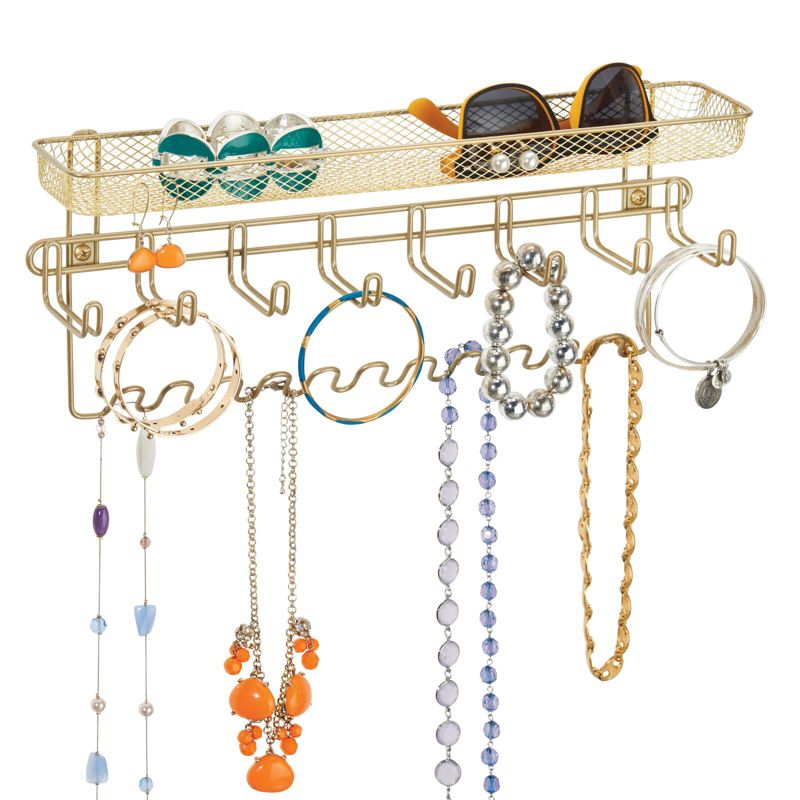 mDesign Steel Wall Mount Jewelry Organizer Rack with 8 Hooks/Basket, 1 of 8