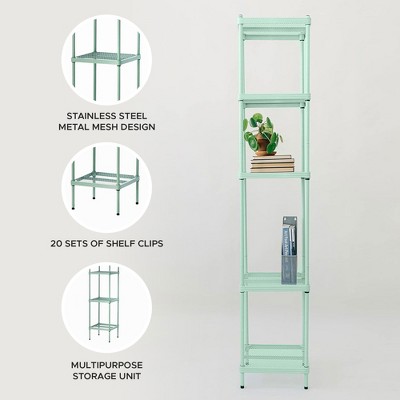 Sage Green Metal Mesh 5-Tier Storage Shelving Tower