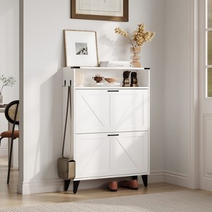 Acekool Shoe Cabinet with 2 Flip Drawers and Open Storage, Entryway Shoe Organizer with Hooks and Metal Legs - 1 of 4